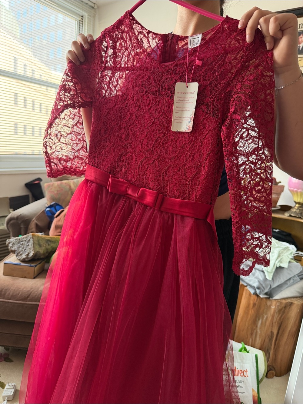 Elegant Girls Burgundy Lace & Tulle Party Dress with Bow Waist